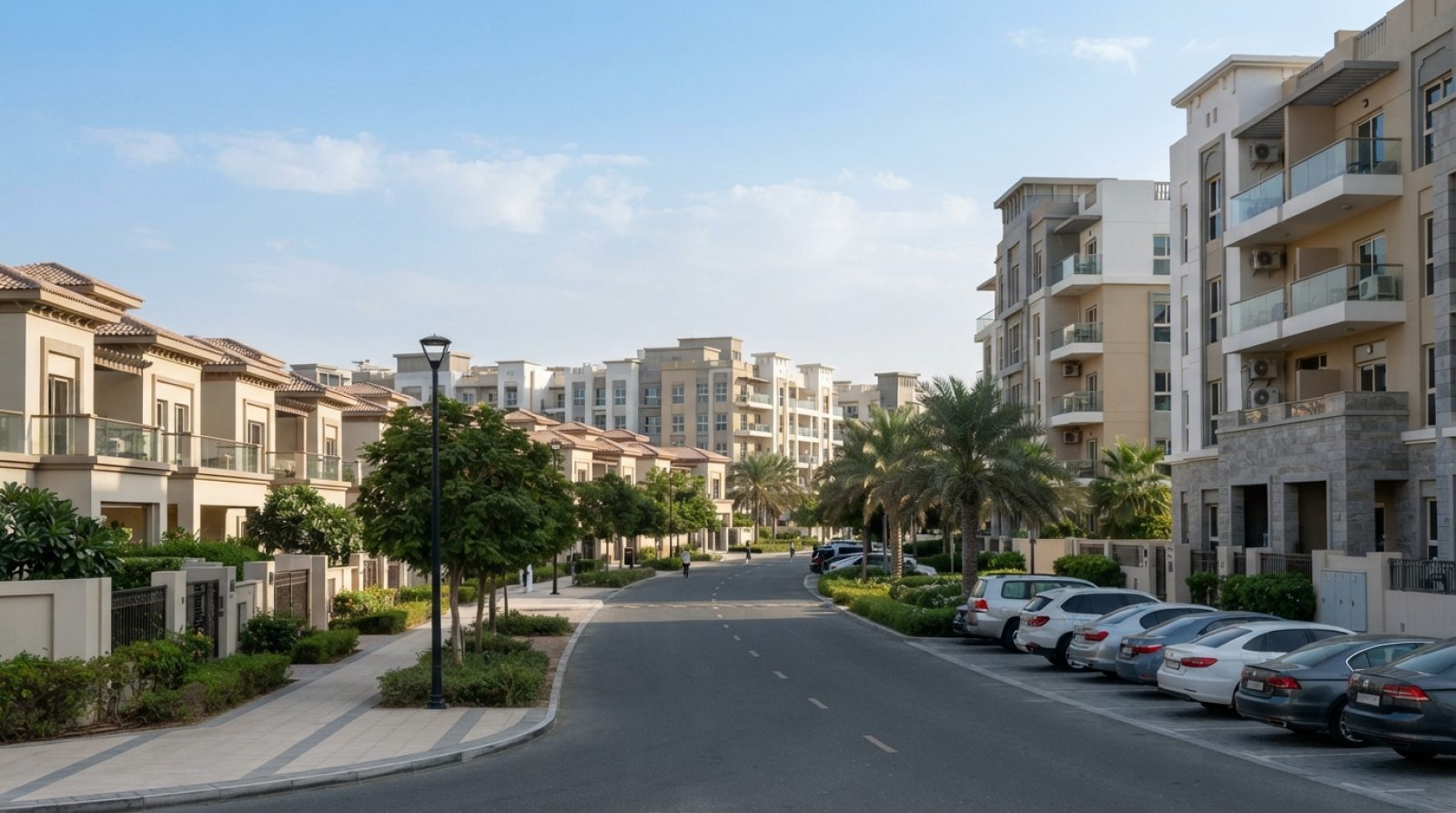 Illustration: Editorial photo of residential apartment buildings and villa complexes in a Dubai neighborhood with blue sky, modern architectural balco