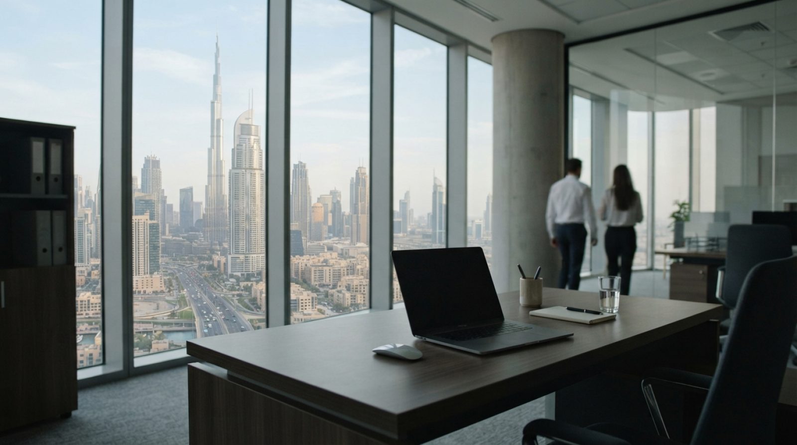 Illustration: A modern workspace in Dubai with a laptop on a wooden desk overlooking the city skyline through large panoramic windows during the day