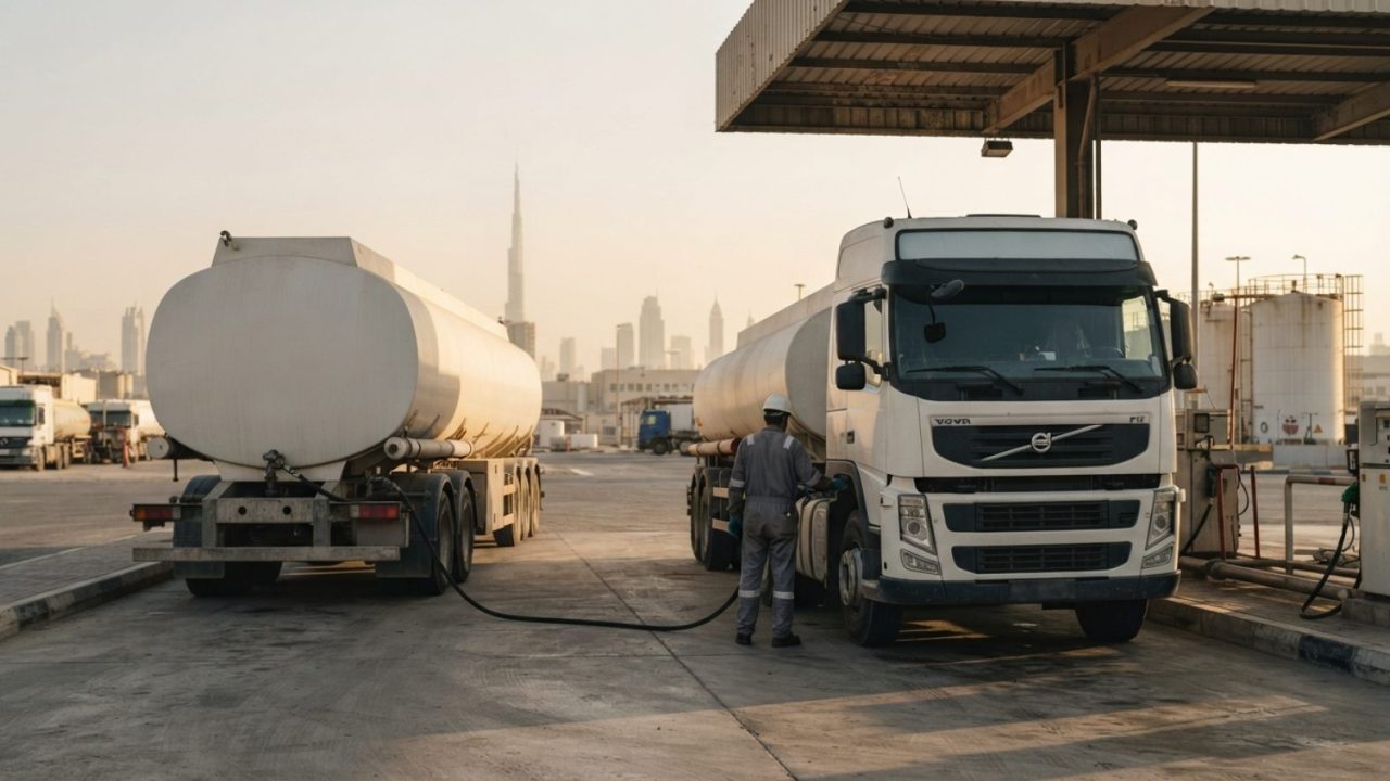 Illustration: A commercial fuel tanker refueling heavy transport trucks at an industrial fuel station in Dubai, warm afternoon lighting, realistic doc