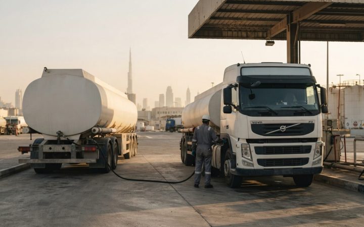 Illustration: A commercial fuel tanker refueling heavy transport trucks at an industrial fuel station in Dubai, warm afternoon lighting, realistic doc