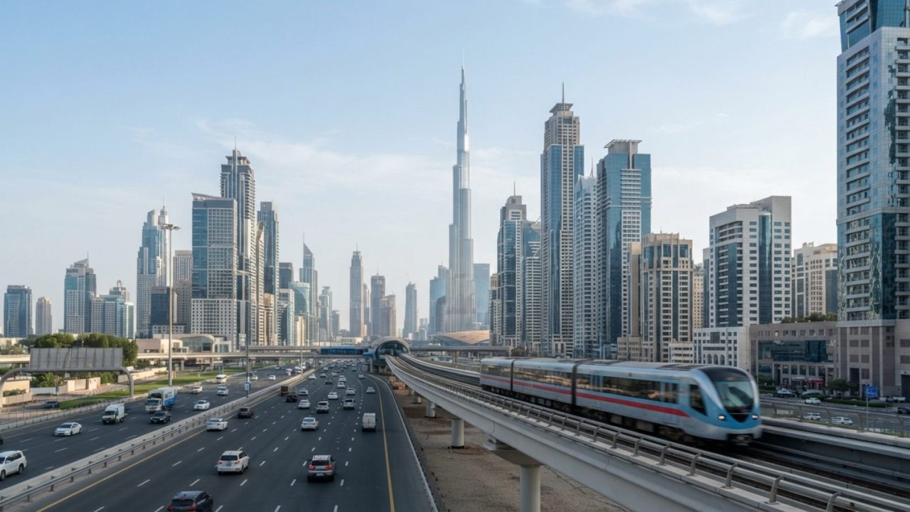 Illustration: Editorial news photograph showing modern financial skyscrapers in Dubai under bright daylight, with a highway flyover and light metro tr
