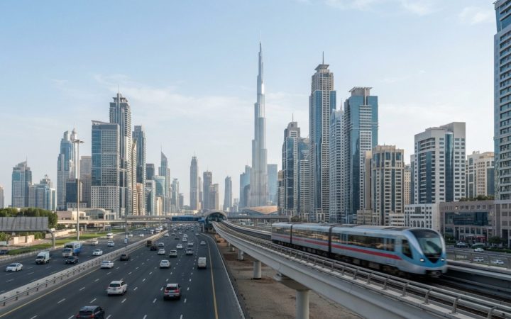 Illustration: Editorial news photograph showing modern financial skyscrapers in Dubai under bright daylight, with a highway flyover and light metro tr
