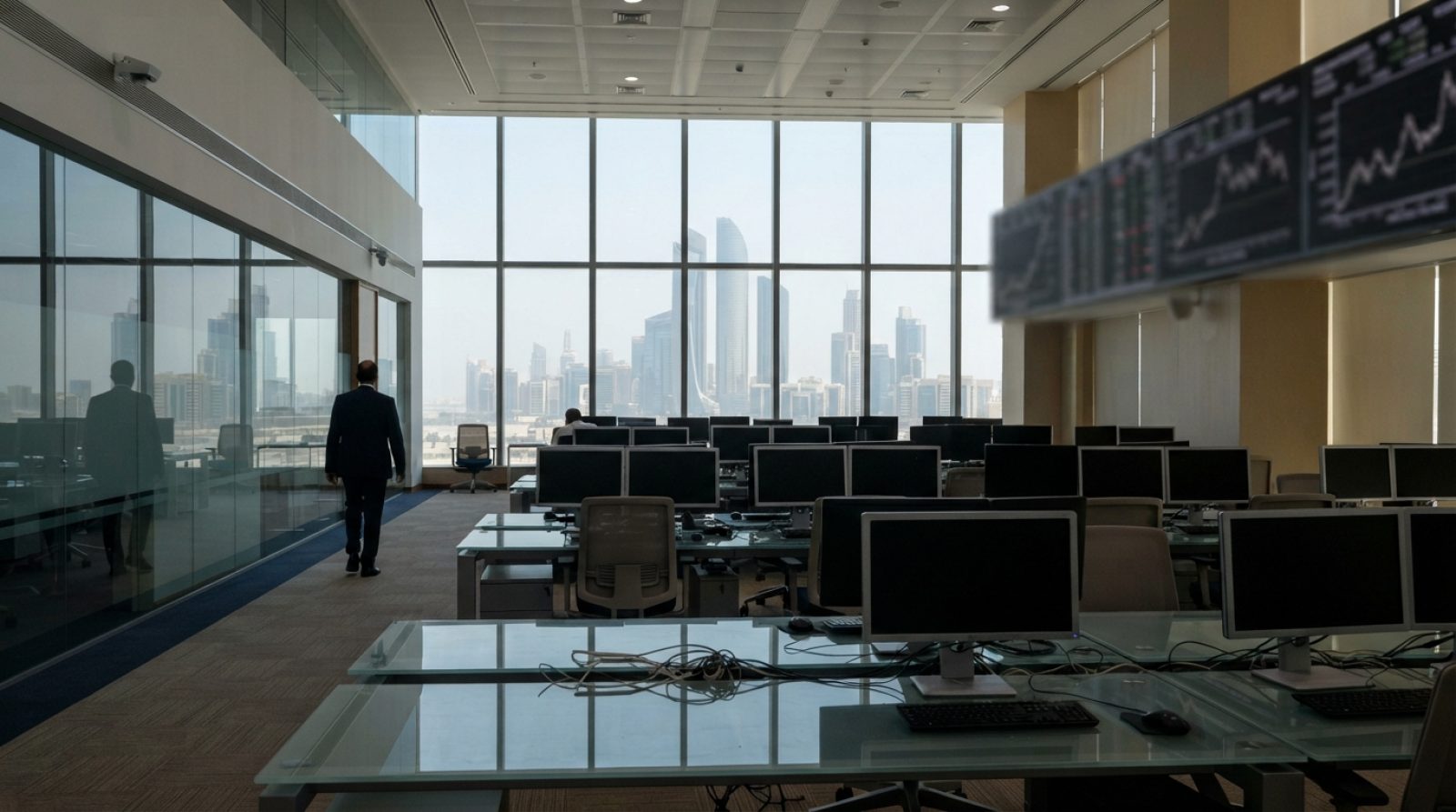 Illustration: An empty modern corporate trading floor in the UAE with soft reflections on glass desks, large electronic financial monitor boards showi
