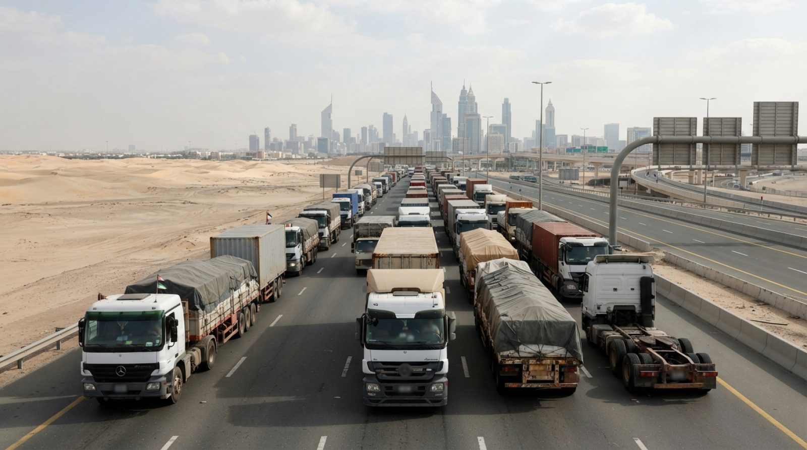 Illustration: Heavy commercial cargo trucks queued on a wide multi-lane highway in Dubai under bright daylight, with desert landscape and urban transp