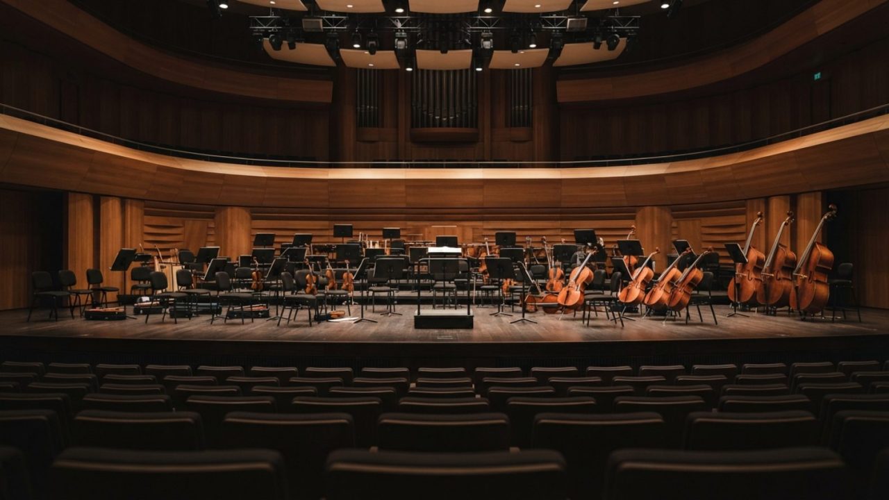 Illustration: A grand, empty classical concert hall stage in a modern auditorium with warm ambient lighting, empty music stands, violins and cellos re