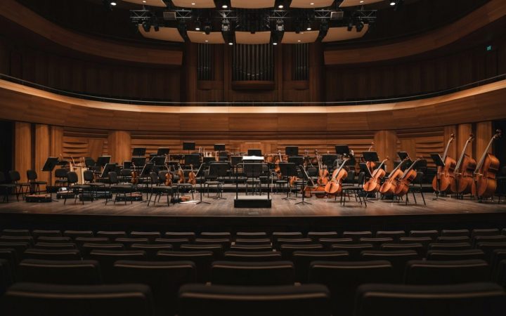 Illustration: A grand, empty classical concert hall stage in a modern auditorium with warm ambient lighting, empty music stands, violins and cellos re