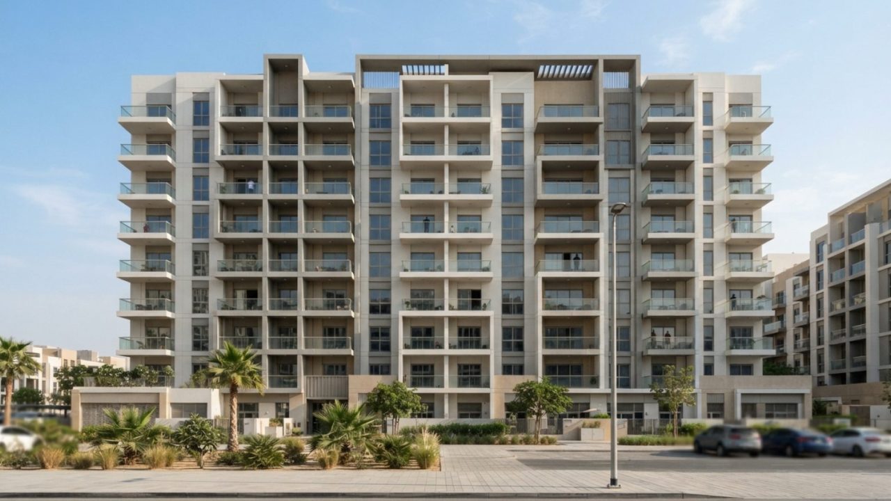 Illustration: A clean, modern residential apartment building in a residential district of Dubai under bright daylight, showing balconies, orderly exte