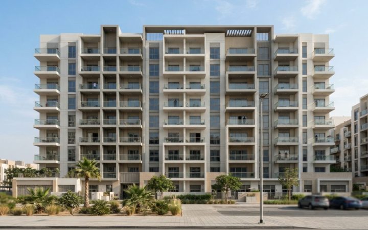 Illustration: A clean, modern residential apartment building in a residential district of Dubai under bright daylight, showing balconies, orderly exte