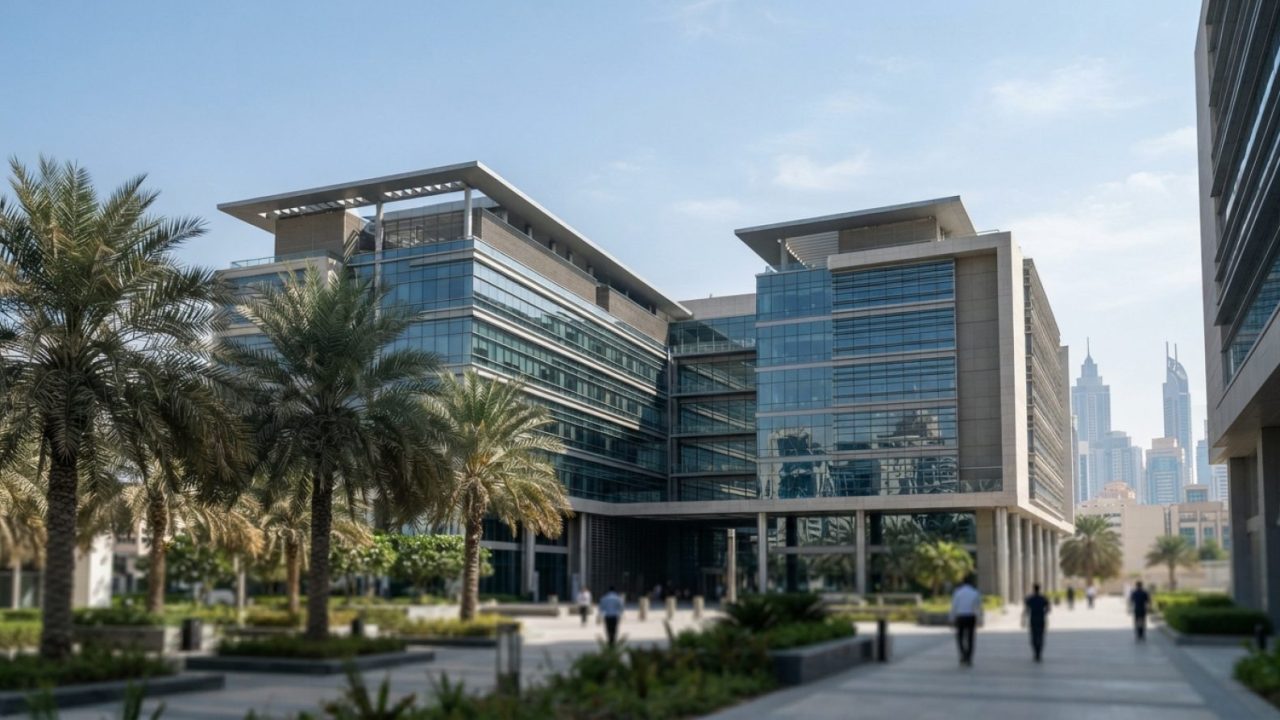Illustration: A modern technological innovation center and office complex in Dubai with glass facades, sleek architecture, and palm trees in the foreg