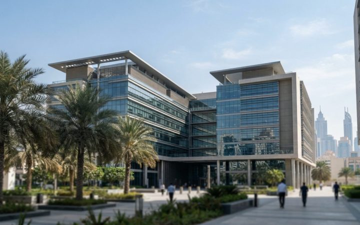 Illustration: A modern technological innovation center and office complex in Dubai with glass facades, sleek architecture, and palm trees in the foreg