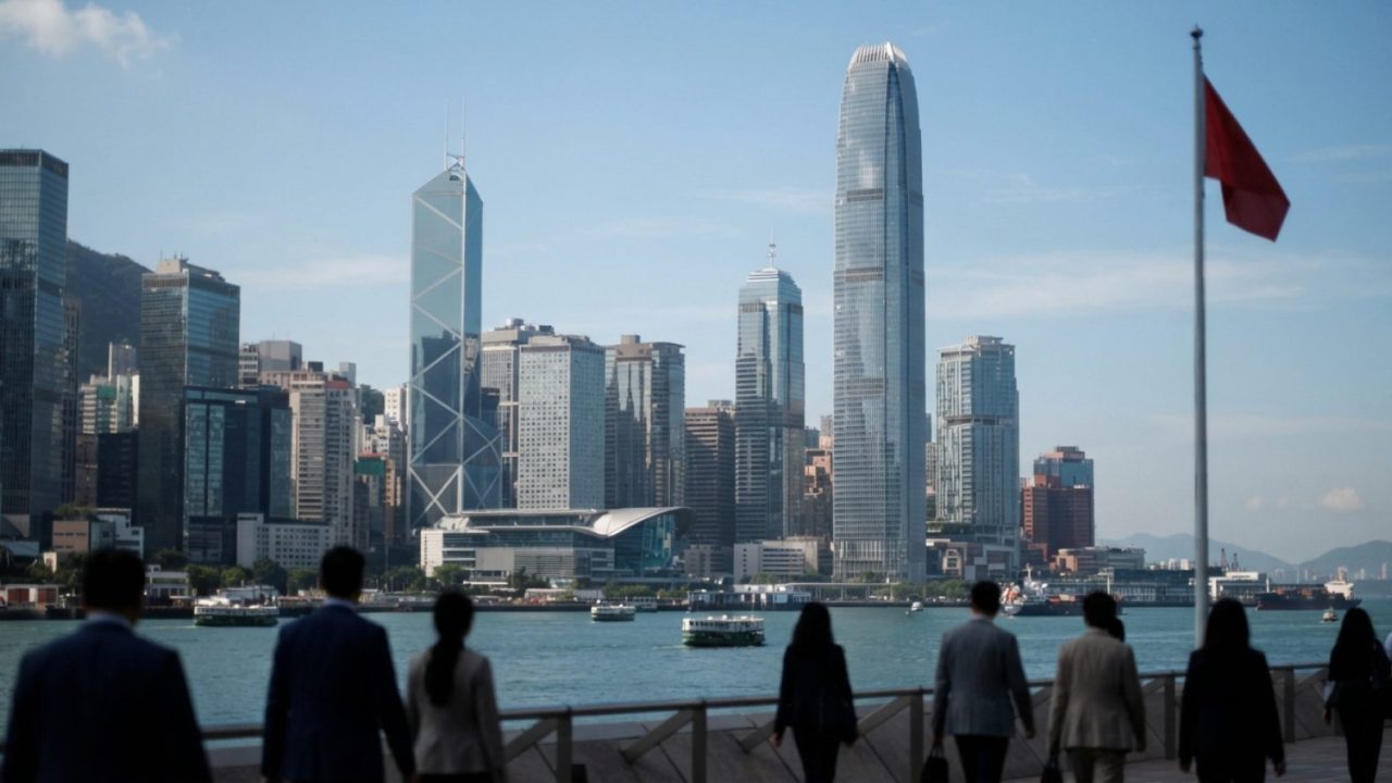 Illustration: Editorial photograph showing modern financial skyscrapers in Hong Kong overlooking the harbour under a clear sky, with sleek glass archi