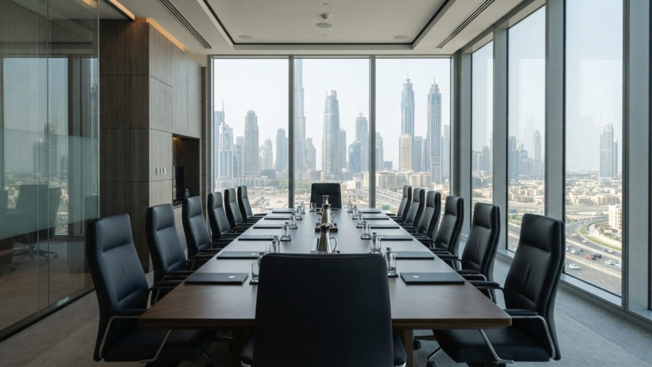 Illustration: A modern corporate boardroom and conference facility in Dubai with sleek wood and glass architecture, soft natural light streaming throu