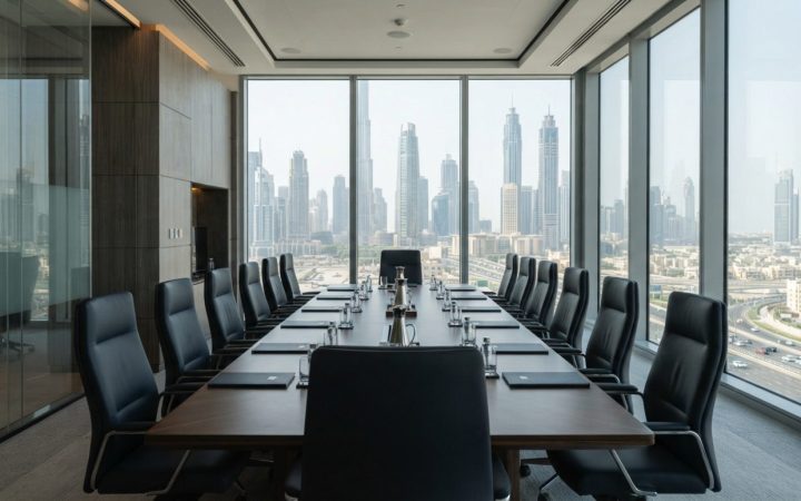 Illustration: A modern corporate boardroom and conference facility in Dubai with sleek wood and glass architecture, soft natural light streaming throu