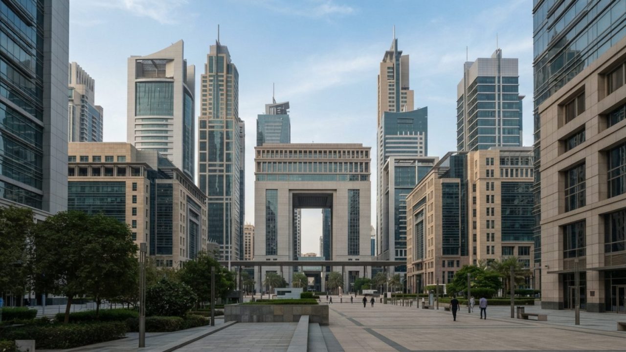 Illustration: Exterior architectural view of modern commercial towers and financial district buildings in the Dubai International Financial Centre und
