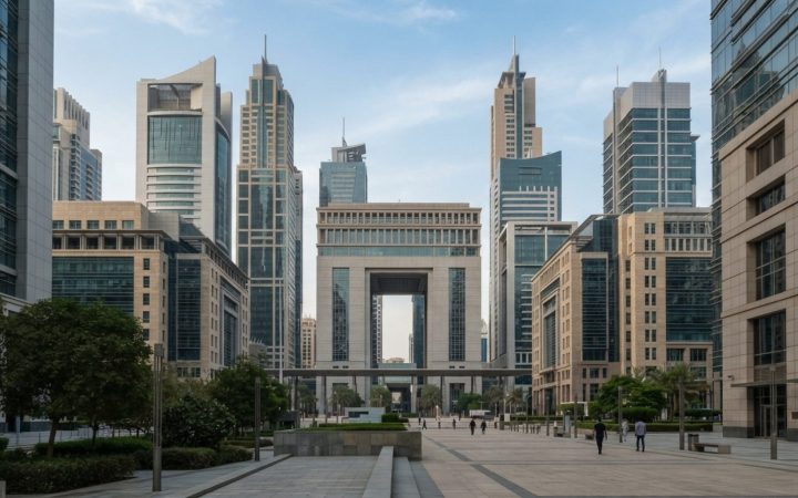 Illustration: Exterior architectural view of modern commercial towers and financial district buildings in the Dubai International Financial Centre und