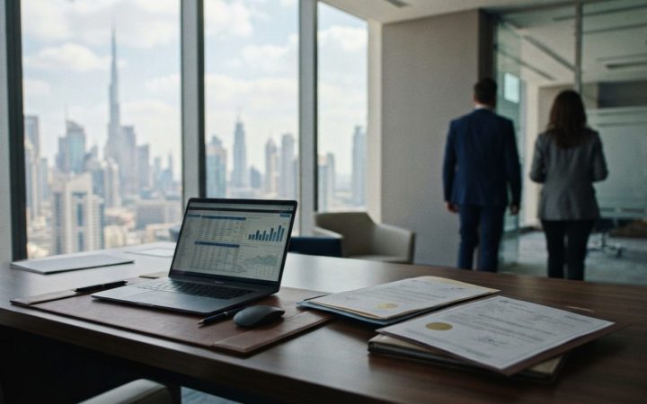 Illustration: A modern corporate office desk in a Dubai financial district high-rise overlooking urban skyscrapers, featuring a laptop displaying fina