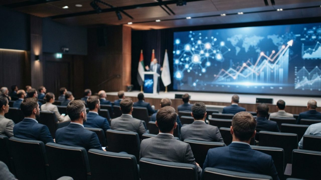 Illustration: A modern corporate auditorium in Dubai viewed from the back of the room, showing rows of business professionals seated facing a large il