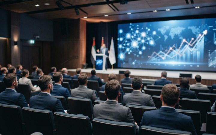 Illustration: A modern corporate auditorium in Dubai viewed from the back of the room, showing rows of business professionals seated facing a large il