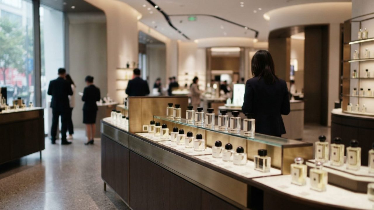Illustration: An upscale cosmetics and fragrance department inside a modern luxury department store in Shanghai, featuring elegant glass shelves with