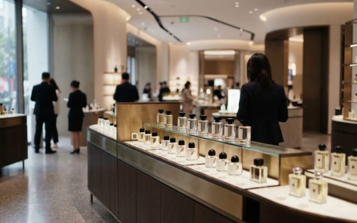 Illustration: An upscale cosmetics and fragrance department inside a modern luxury department store in Shanghai, featuring elegant glass shelves with