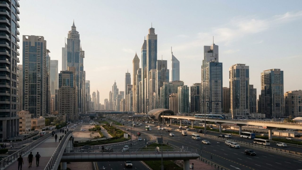 Illustration: A wide editorial shot of modern high-rise commercial towers and highway infrastructure in Dubai's business district under a clear late-a