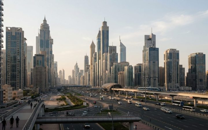 صورة توضيحية: لقطة تحريرية واسعة لأبراج تجارية شاهقة وحديثة وبنية تحتية لطرق سريعة في منطقة الأعمال بدبي تحت سماء صافية في وقت متأخر من بعد الظهر