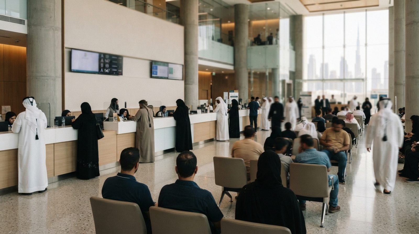 Illustration: Editorial eye-level photo of the modern customer service hall inside a government immigration and residency center in Dubai, warm natura