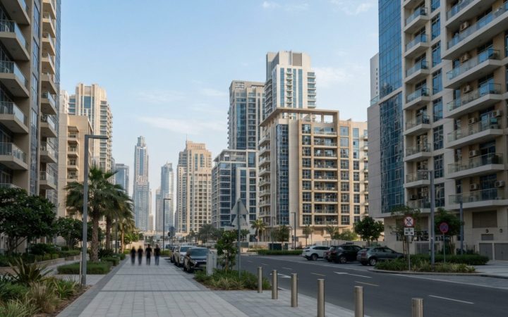 Illustration: Exterior view of modern residential apartment buildings and towers in a Dubai residential neighborhood under clear daylight, with clean