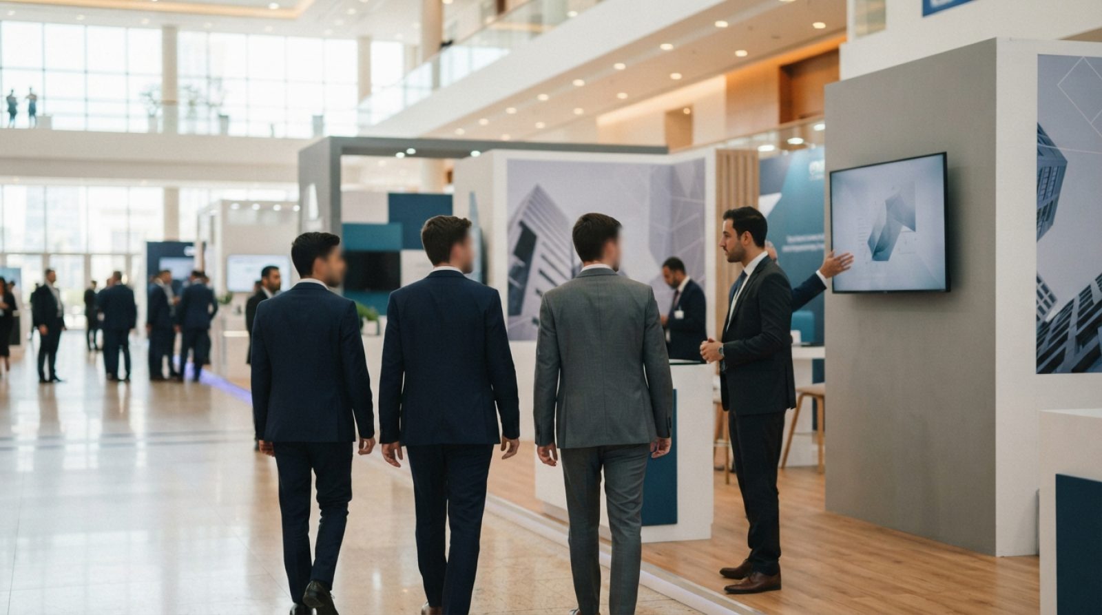 Illustration: Young professional candidates visiting modern corporate exhibition pavilions inside a bright convention hall in Dubai, architectural int
