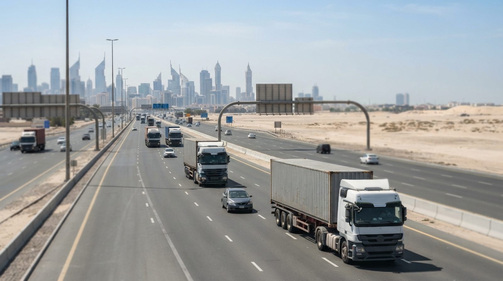 Illustration: Commercial heavy freight trucks driving along a modern multi-lane highway in Dubai under bright daylight, with desert landscape and dist