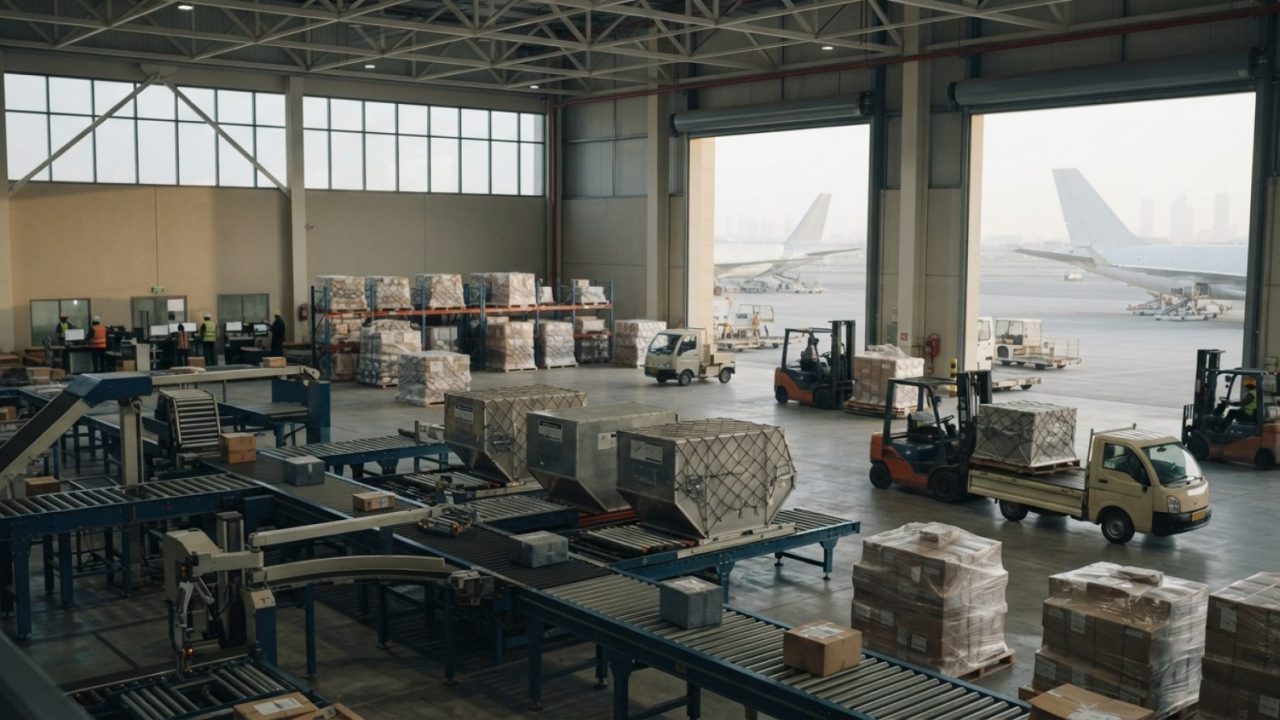 Illustration: Commercial air cargo and logistics terminal at Dubai airport economic zone with automated freight handling, modern warehouse architectur