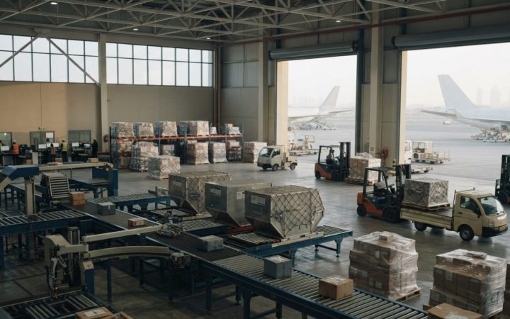 Illustration: Commercial air cargo and logistics terminal at Dubai airport economic zone with automated freight handling, modern warehouse architectur