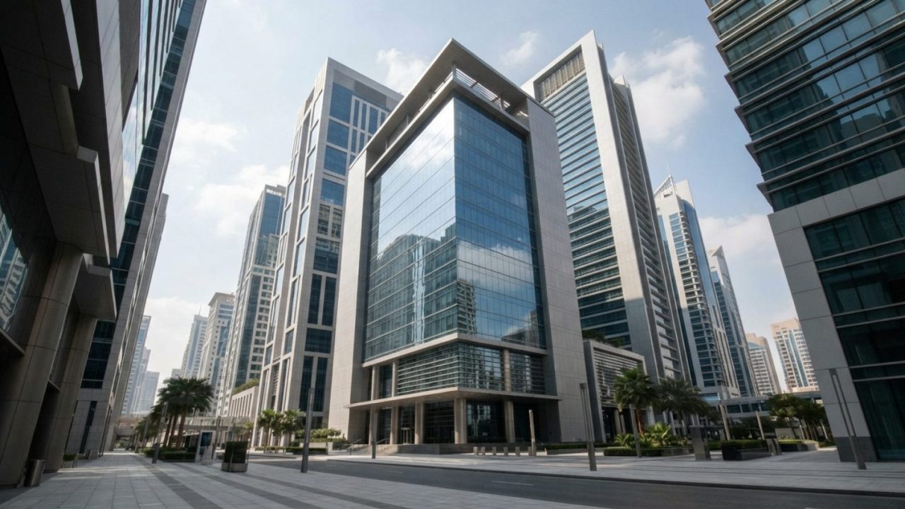 Illustration: Editorial photograph of modern financial district glass high-rises and stock exchange headquarters in Dubai on a clear sunny day, shot f