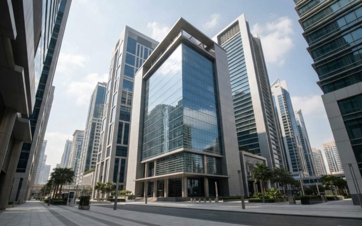 Illustration: Editorial photograph of modern financial district glass high-rises and stock exchange headquarters in Dubai on a clear sunny day, shot f