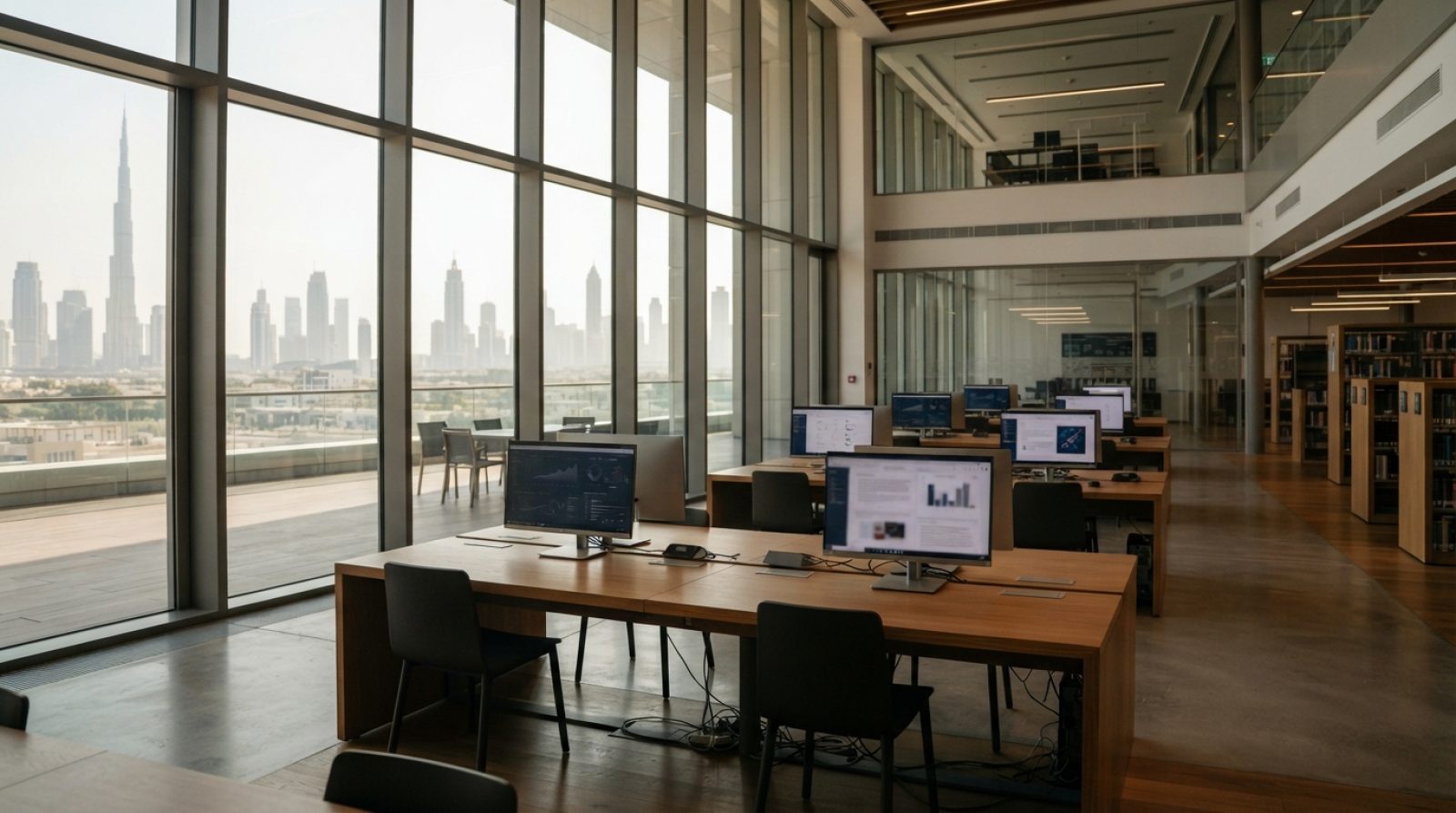 Illustration: A modern, sunlit university lecture hall or international school library interior in Dubai, featuring floor-to-ceiling windows looking o