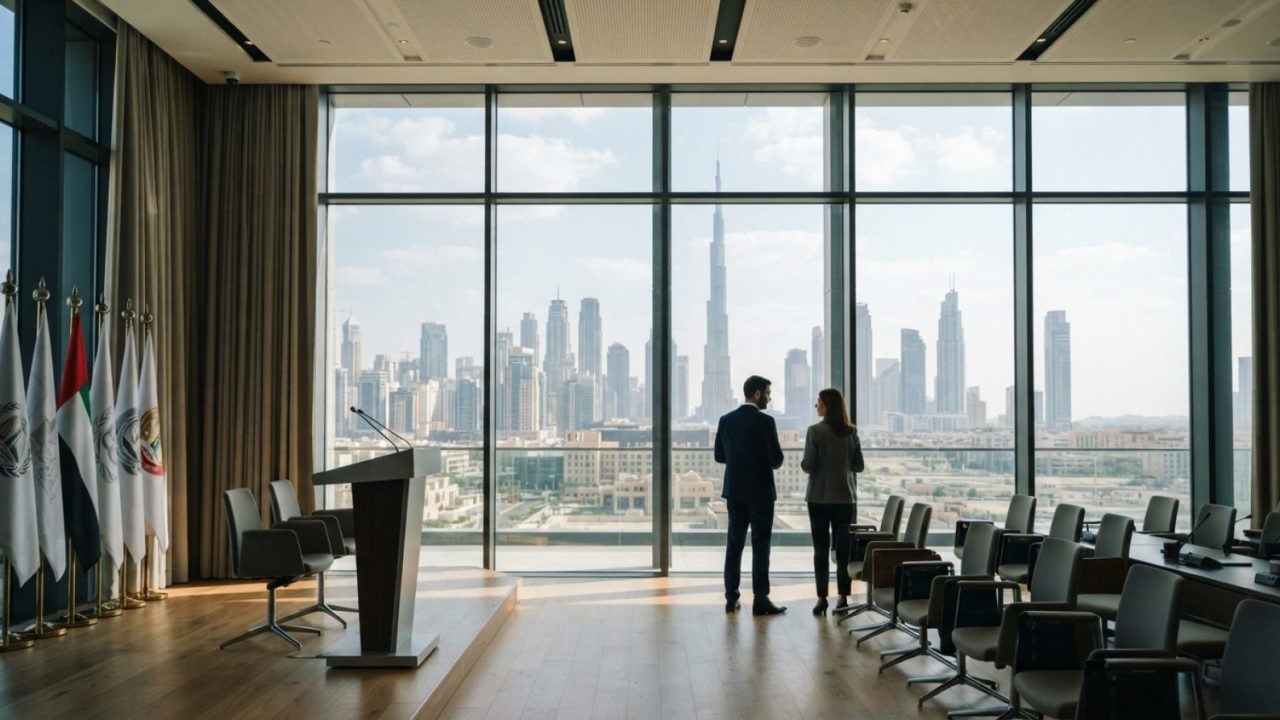 Illustration: A modern architectural government conference hall in Dubai with sleek glass and steel elements, filled with warm natural light, looking