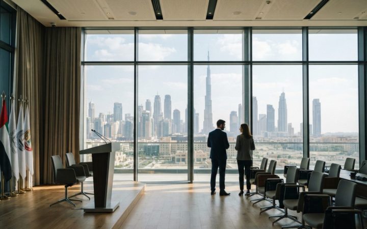 Illustration: A modern architectural government conference hall in Dubai with sleek glass and steel elements, filled with warm natural light, looking