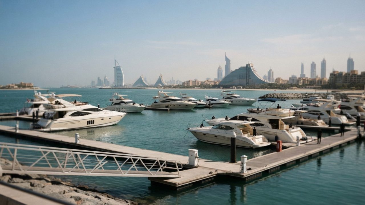 Illustration: Editorial news photograph of modern recreational yachts and motorboats anchored near a calm coastal bay in Dubai with marina docks and c