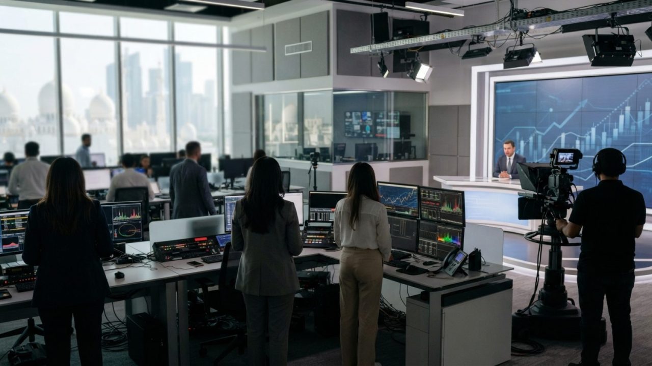 Illustration: A modern, bright digital newsroom and media production studio with professional recording cameras, broadcast screens displaying abstract