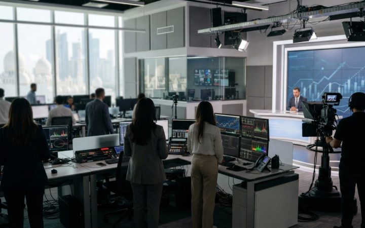 Illustration: A modern, bright digital newsroom and media production studio with professional recording cameras, broadcast screens displaying abstract