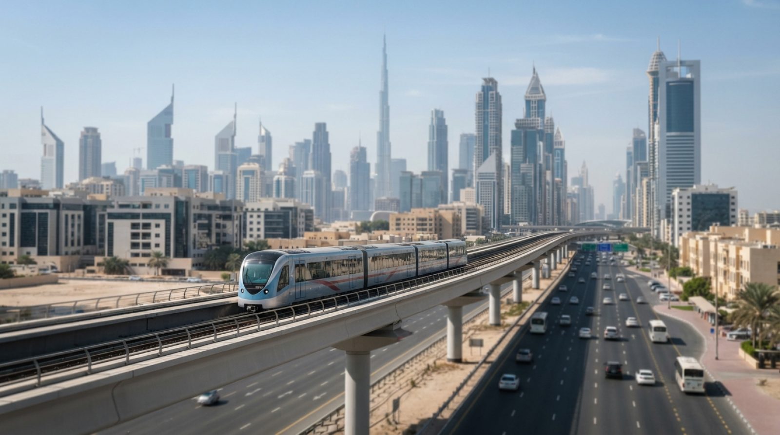 Illustration: A modern elevated driverless metro train traveling along a sleek concrete viaduct across a desert urban skyline with contemporary archit