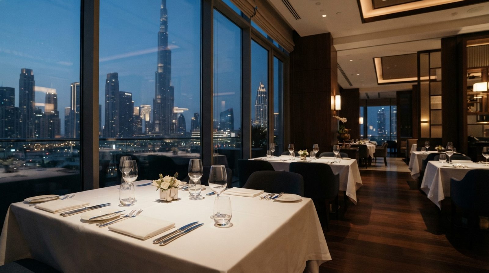 Illustration: Editorial news photo of an elegant upscale modern fine dining restaurant interior in Dubai, featuring warm ambient lighting, meticulousl
