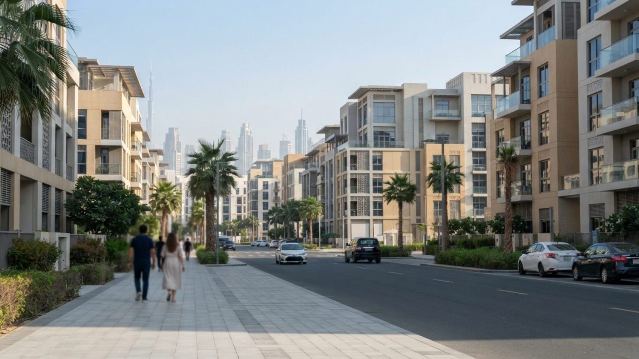 Illustration: Editorial photograph showing modern residential apartment blocks and urban neighborhood streets in Dubai under daylight