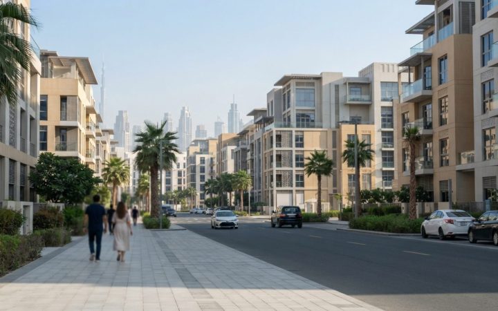 Illustration: Editorial photograph showing modern residential apartment blocks and urban neighborhood streets in Dubai under daylight