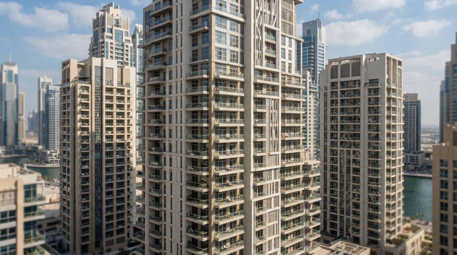 Illustration: Editorial photograph showing modern residential apartment towers in Dubai under bright daylight, highlighting urban architectural facade
