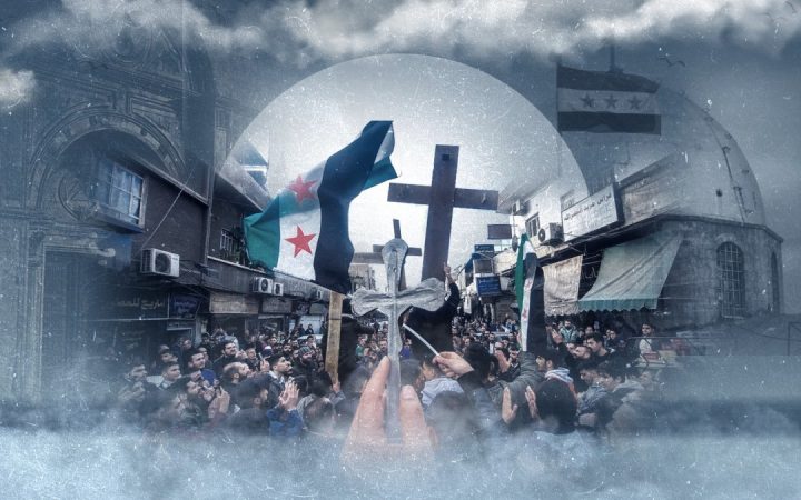 Composite graphic of a crowd holding crosses and Syrian opposition flags in a city street