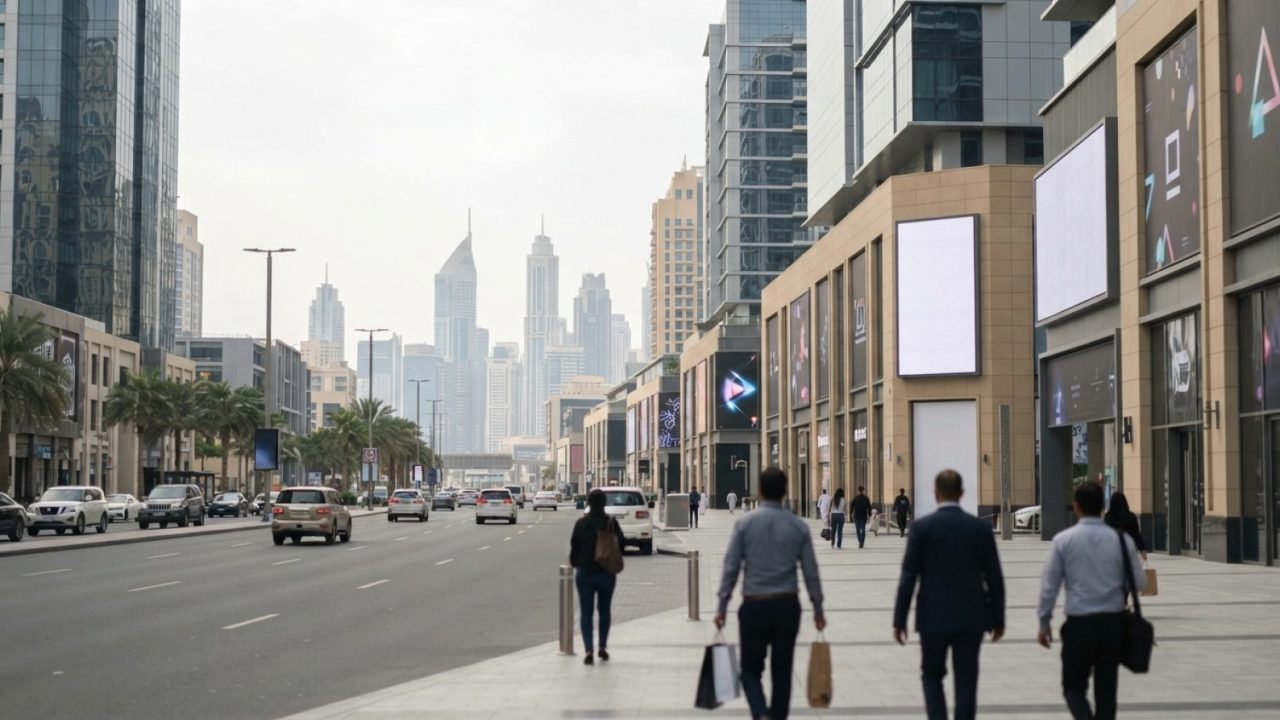 Illustration: A modern commercial boulevard in Dubai with contemporary minimalist digital billboards and clean storefront signage along a wide city st