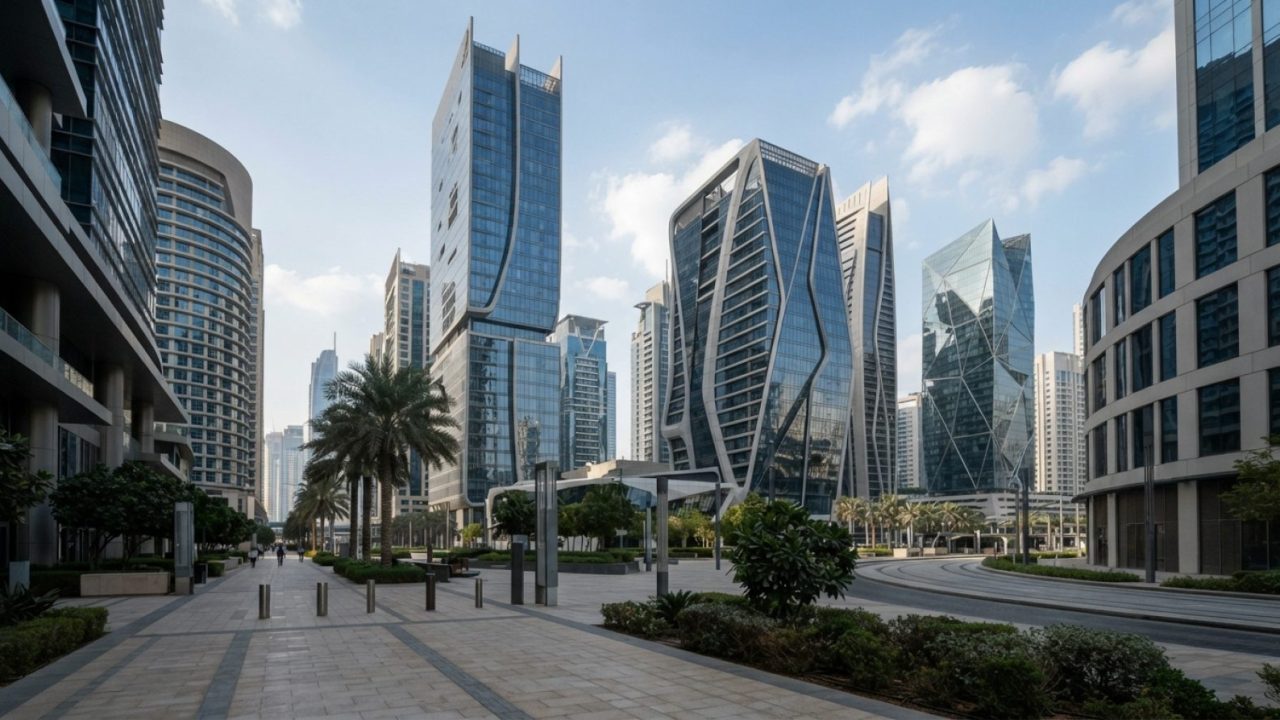Illustration: A modern architectural exterior photograph of sleek glass and steel commercial office towers in Dubai's Business Bay district on a clear