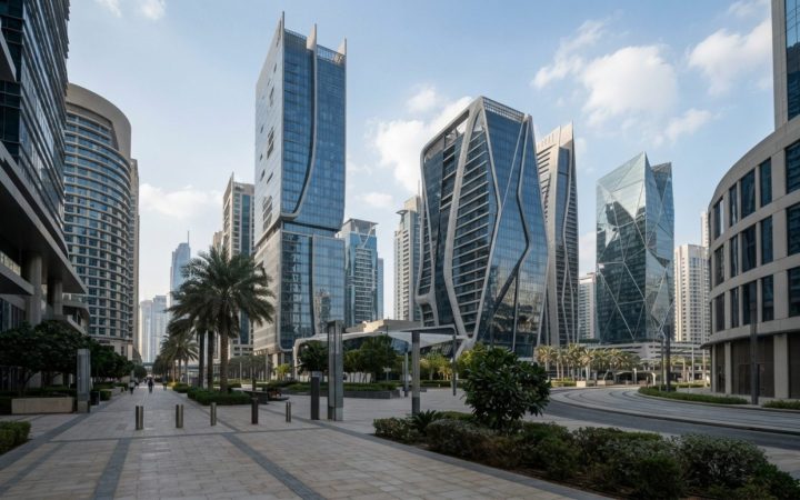 Illustration: A modern architectural exterior photograph of sleek glass and steel commercial office towers in Dubai's Business Bay district on a clear