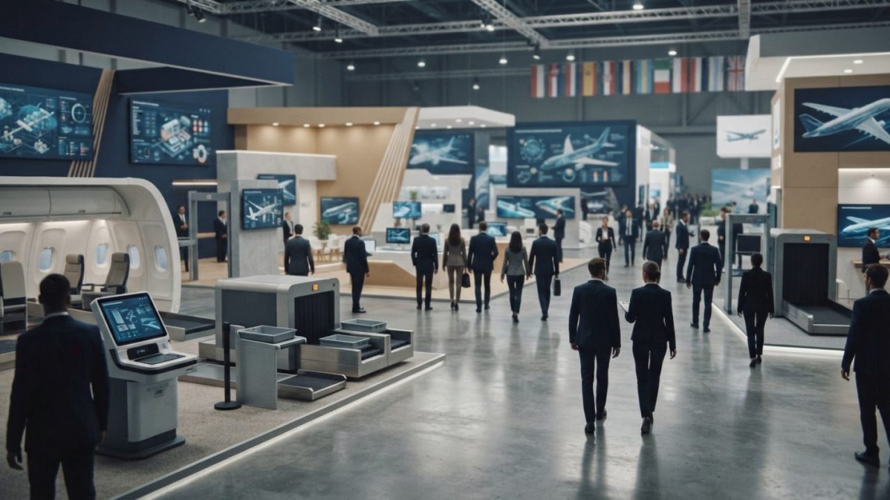 Illustration: A modern trade exhibition hall showcasing advanced commercial aviation and airport technology exhibits, with interactive terminal displa